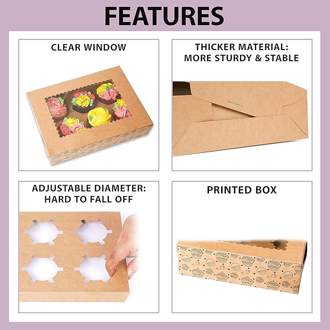 20-Pack Brown Cupcake Boxes with Insert Trays, Tags and Twine | Food Grade Kraft Bakery Boxes with Window to Fit 6 Cupcakes