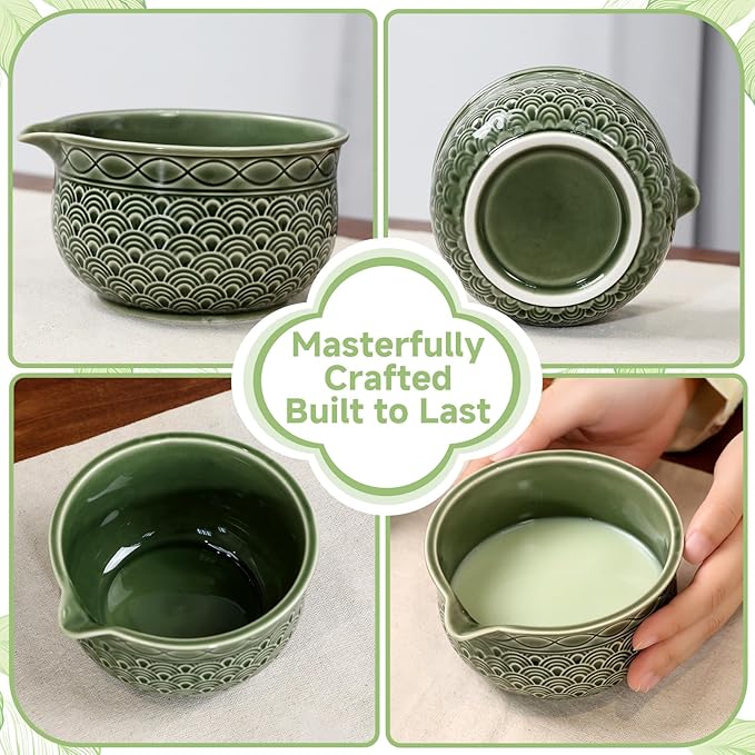 7 Pcs Matcha Whisk Set, Ceremony Matcha Kit with Matcha Bowl, Bamboo Whisk and Holder, Scoop and Scoop Rest, Sifter and Tea Towel, Gift for Matcha Lovers (Green/Wave-Patterned)