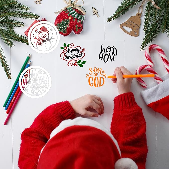 Small Christmas Stencils for Painting on Wood 3inch Christmas Stencils for Crafts Reusable Holiday Stencil Templates for Wood Slice Tier Tray Christmas Tree Decor