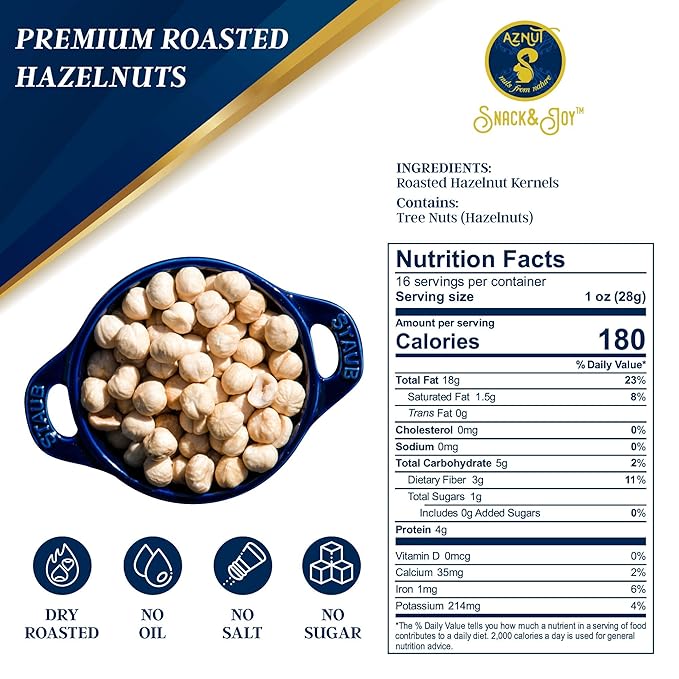 AZNUT Roasted Unsalted Hazelnuts 4 LB, Premium Quality 100% Natural Non-GMO Project Certified, Kosher Certified, No Salt, No Oil, Gluten Free, Keto Diet Snacks, Resealable Bag (4 LB)