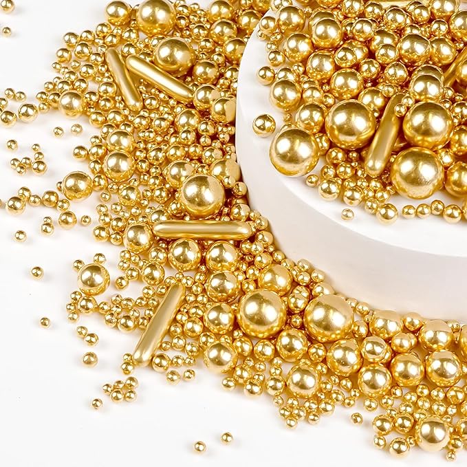 Gold Pearl Rods Sprinkles for Christmas Decorating, Edible Sugar Pearls Rods Candy, 150g/5.29oz, Mix Size Cake Topper Donuts Cupcake Cookie Dessert Decorations, Holiday, Wedding Party, Easter Supplies