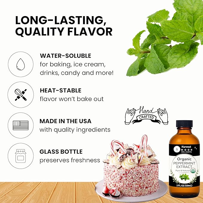 Organic Peppermint Extract for Baking, Ice Cream, Drinks, and Candy - 2 oz - Water-Soluble - By Harvest Moon Delights - Pure Peppermint Flavoring, Mint Extract