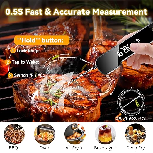 Meat Thermometer Digital with Backlight Large Display, IP67 Waterproof Instant Read Food Thermometer for Cooking, Candy, Kitchen, BBQ, Essential Kitchen Accessories with Compact Foldable Design