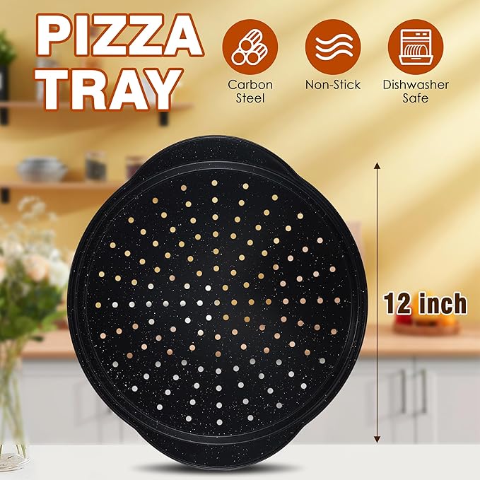 2P Non Stick Pizza Pans - 12” Round Pizza Tray with Holes and Handle, Carbon Steel Pizza Pan for Oven, Dishwasher Safe, PFOA Free