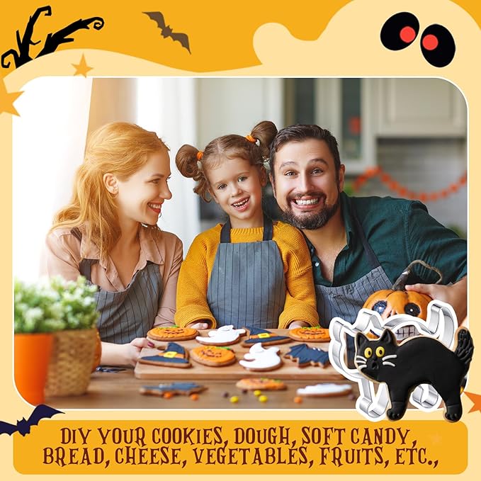 6 Pcs Large Halloween Cookie Cutters 8" Stainless Steel Metal Halloween Baking Cookie Molds for Holiday, Ghost, Bat, Pumpkin, Witch's Hat, Scared Cat, Skull