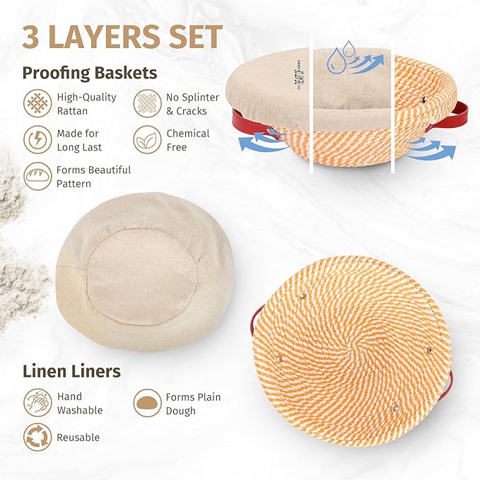 Banneton Bread Proofing Basket Set of 2 × 9'' Round Sourdough Bread Baskets Baking Supplies with Liners & Covers Gifts for Bakers Women Mom Wife