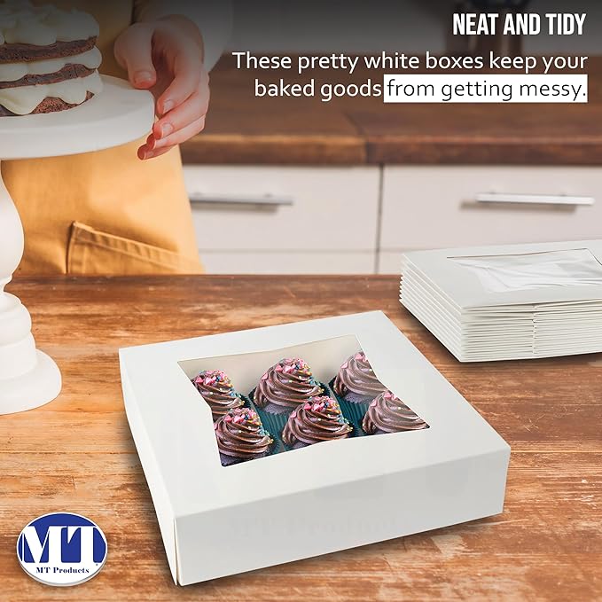 MT Products White Cookie Box 8" x 8" x 2.5" - Auto Pop-Up Bakery Boxes with Window (Pack of 15) - Made in USA