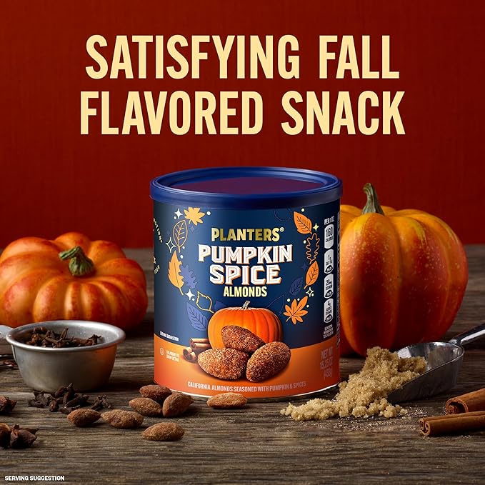 PLANTERS Fall Edition Pumpkin Spice Almonds, Pumpkin Spice Snacks, Cooking & Baking Nuts & Seeds, Flavored Almonds, Seasonal Nuts, Fall Party Snacks, Plant-Based Protein, 15.25 oz Canister