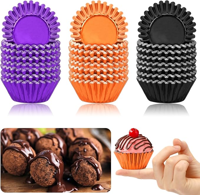 AUGSUN 400pcs Halloween Mini Foil Cupcake Liners, Black Purple Orange Metallic Muffin Cupcake Wrappers for Halloween Holiday Birthdays Showers Party Cake Candy Chocolate Decorations Supplies