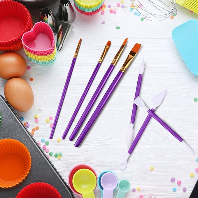 24 Pieces Cookie Decorating Fondant Cake Decorating Tool Set Include Brushes Sugar Stir Needle Fondant Modeling Tool Elbow and Straight Tweezer(Purple)