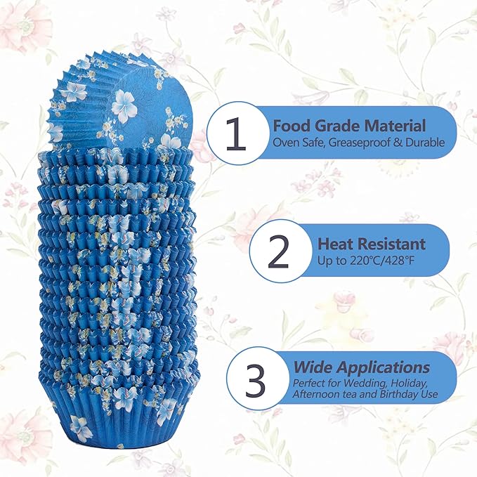 Floral Standard Cupcake Liners 400 Count Paper Baking Cups Food Grade Disposable Cupcake Wrappers, Blue