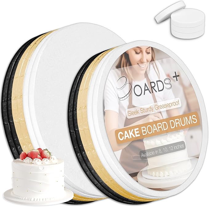 BOARDS+ 12 Pack Cake Drums 10 & 12 Inch in White, Black & Gold Colors | 1/2" Thick Cake Circle Rounds + Free Prop Up Tools | Fully Greaseproof, Sturdy for Heavy/Tiered Cakes