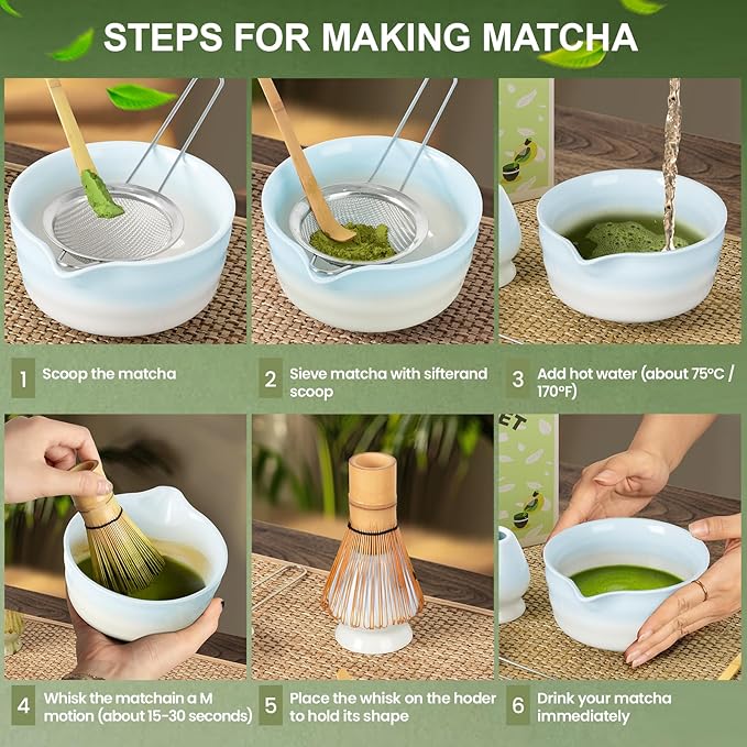 Matcha Whisk Set,Ceramic Matcha Kit Set Includes Bowl with Spout, Whisk,Holder,Bamboo Scoop and Sifter,5 pcs Matcha Tea Kit for Matcha Lovers, Ideal Gift Christmas, Birthday (Blue gradient)