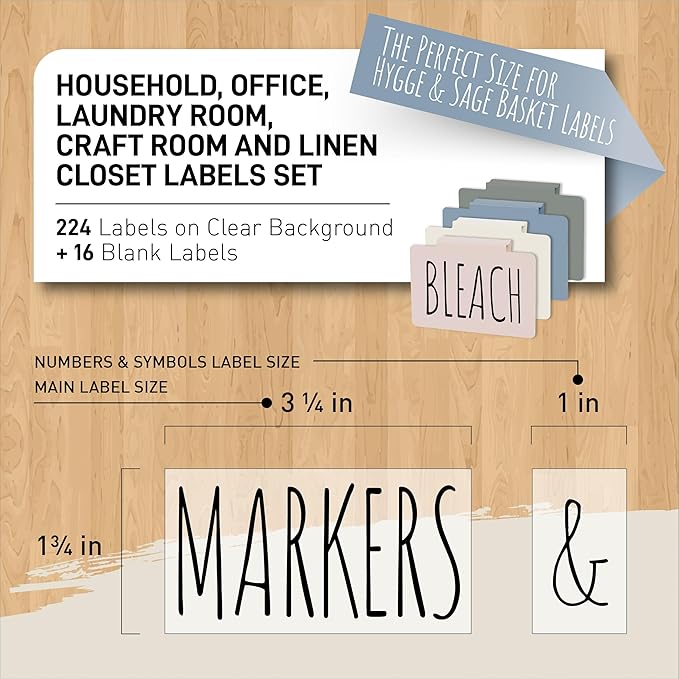Hygge & Sage Minimalist Household Labels for Organizing - 224 Preprinted Waterproof Sticker Labels + 16 Blank Labels for Home Office, Craft Room, Linen Closets, and Laundry Organization and Storage
