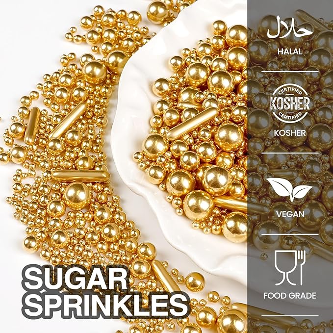 Gold Pearl Rods Sprinkles for Christmas Decorating, Edible Sugar Pearls Rods Candy, 150g/5.29oz, Mix Size Cake Topper Donuts Cupcake Cookie Dessert Decorations, Holiday, Wedding Party, Easter Supplies