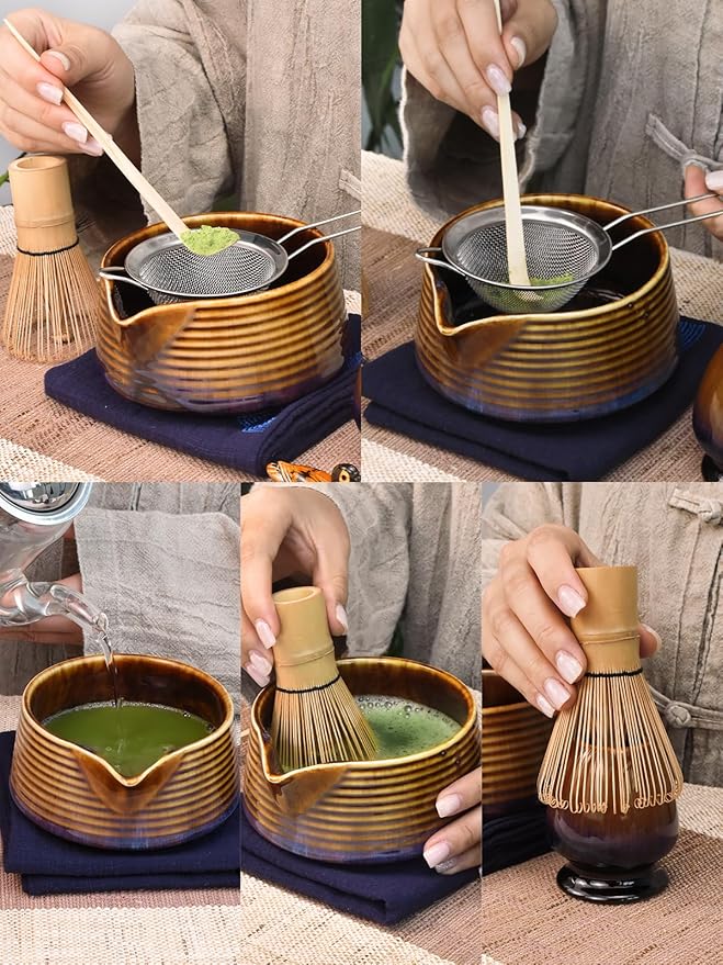 Artcome Matcha Tea Set – Japanese Matcha Kit with Bamboo Whisk, Pouring Spout Bowl, Scoop, Sifter, Holder & Manual – Ceramic & Bamboo Traditional Tea Ceremony Tools
