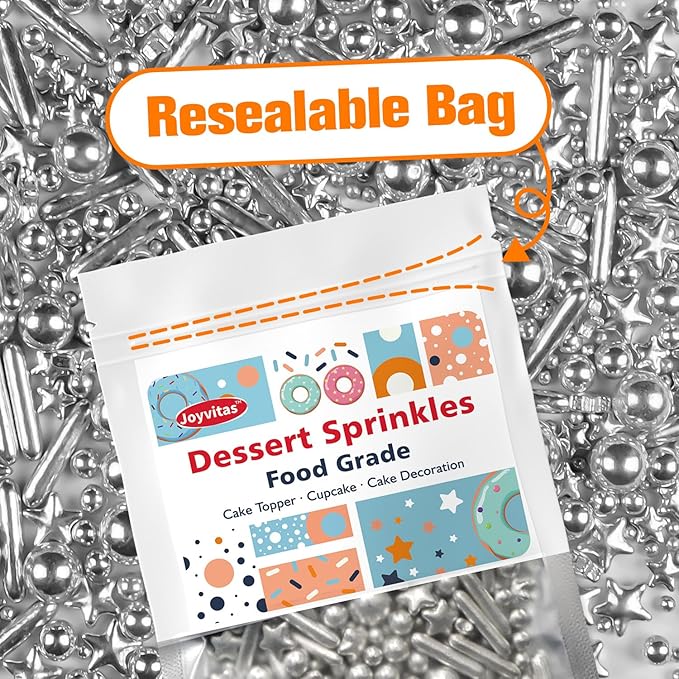 Silver Pearl Rods Star Sugar Christmas Sprinkles, Silver Sprinkles for Cake, Edible Pearls Baking Candy, 150g/5.29oz Mix Size, Cupcake Decoration, Wedding Party Supplies