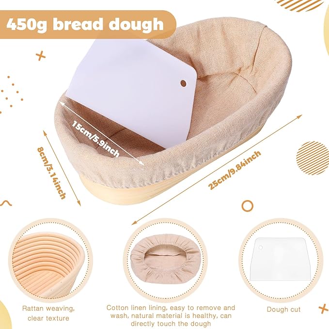 4 Pieces 10 Inch Bread Banneton Proofing Basket Oval Shape Bread Proofing Basket Rattan Oval Banneton Dough Proofing Bowls with Liners and Scatters for Home Sourdough Baking