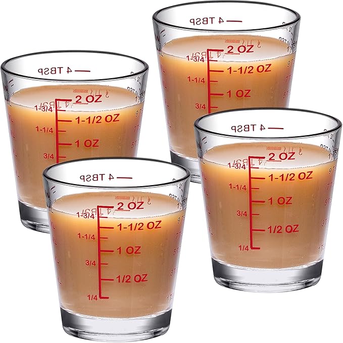 Amazing Abby - Melinda - 4-Pack Plastic Measuring Cups, 2-Ounce Unbreakable Shot Glasses, Food-Grade Measuring Jugs, Stackable and Dishwasher-Safe, Great for Espresso, Liquor, and More