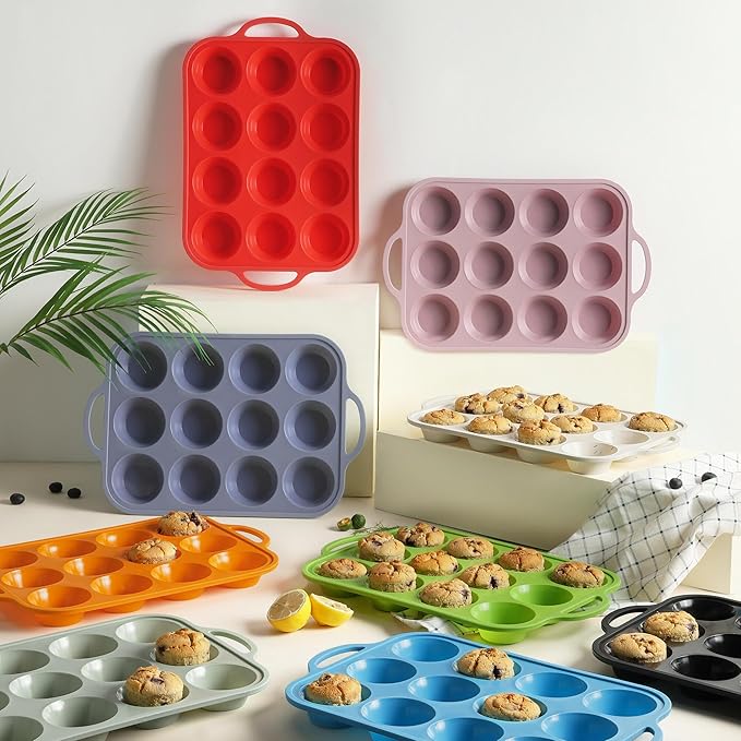 12 Cups Silicone Muffin Pan with Metal Reinforced Frame Regular Size Cupcake Pan Tray Egg Bites Silicone Circle Cookie Molds Muffin Tin Tart Pans Baking Sheet Set for Oven Dishwasher Safe