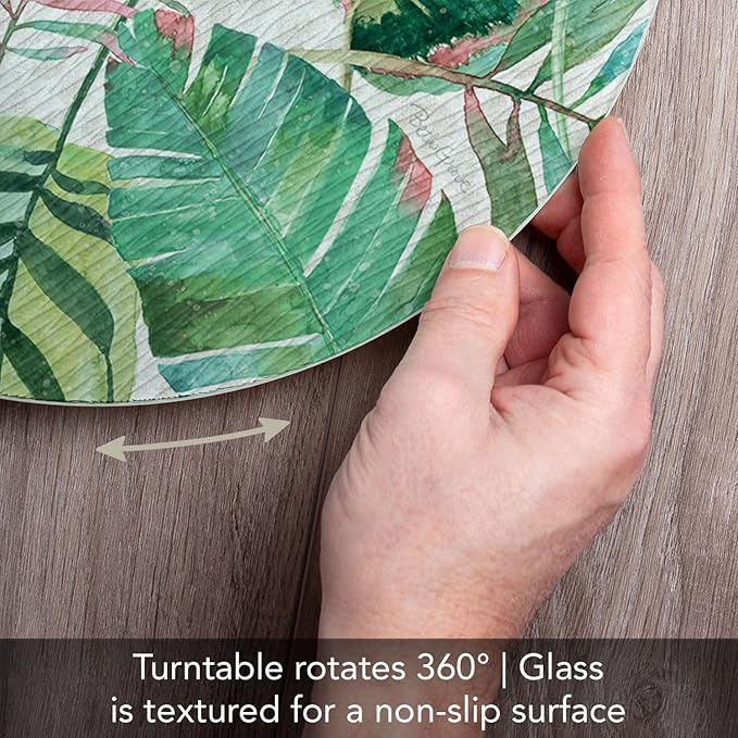 CounterArt Jungle Leaves 4mm Tempered Glass Lazy Susan Turntable 13" Diameter Condiment Caddy Cake Plate Pizza Server