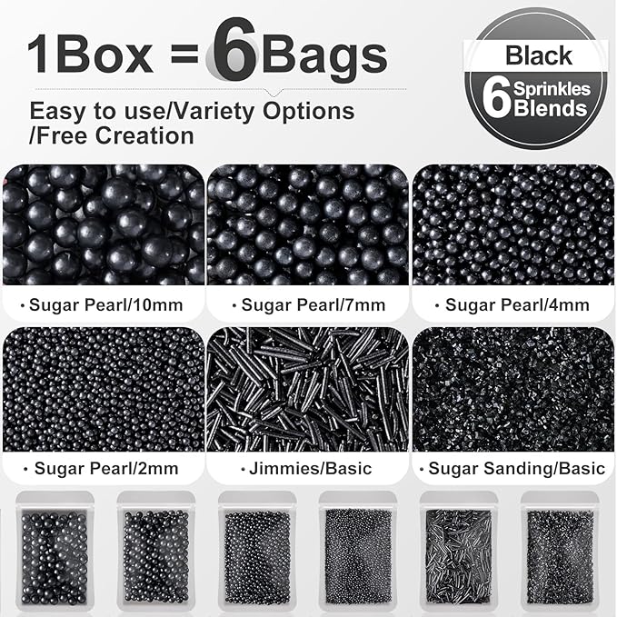 HUEBEATY 6-in-1 Black Edible Cake Pearls Sprinkles for Cake Cookies Decorating and Baking | 180g/6.36oz | Black Sanding Sugar for Cookies | Edible Graduation, Halloween Sprinkles and Decorations