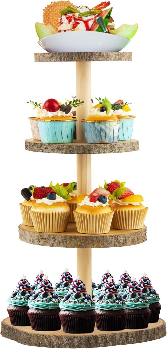 Gusnilo Wooden 4-Tier Rustic Cupcake Stand for Wedding Cakes, Tiered Dessert Tower Display Centerpiece for Parties, Events & Celebrations