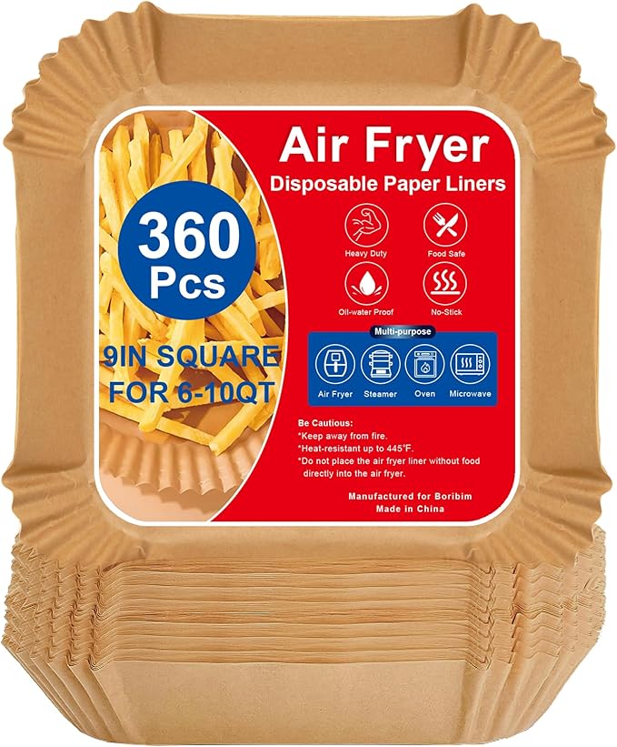 9 Inch Large Air Fryer Paper Liners, 360 PCS Square Heavy Duty Air Fryer Liners Disposable for 6-10QT Air fryer, Non-stick Parchment Baking Paper for Airfryer Basket, Roasting and Microwave