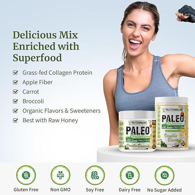Paleo Perfection Double Chocolate Grass Fed Beef Collagen Protein Powder without Stevia - Paleo, Keto, SCD, AIP Protein Powder w/ Apple Fiber, Carrot, Broccoli - 300g Protein Powder & Superfood Blend