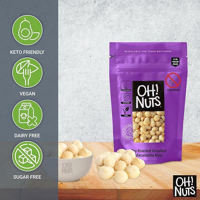 Oh! Nuts Macadamia Nuts - 3 lb - Dry Roasted Unsalted Macadamia Nuts - Oven Roasted - No Oil - Packed in New York Zip-Seal Bag for Exceptional Freshness
