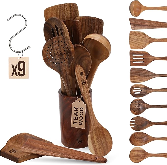 Teak Wood Utensil Set – Premium Natural Wooden Cooking Tools for Nonstick Cookware, Stirring & Serving – Durable, Non-Toxic Kitchen Spatulas (12)