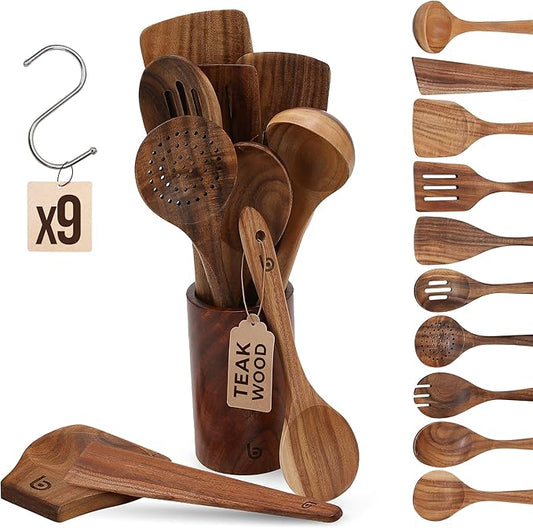 Teak Wood Utensil Set – Premium Natural Wooden Cooking Tools for Nonstick Cookware, Stirring & Serving – Durable, Non-Toxic Kitchen Spatulas (12)