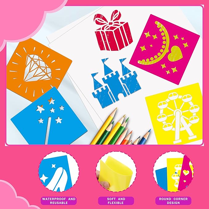 24 Pieces Stencils,Large Drawing Stencils Chalk Template,8 Inches Washable Shape Template Kit for Crafts,Painting Drawing (Princess, 8 inch)