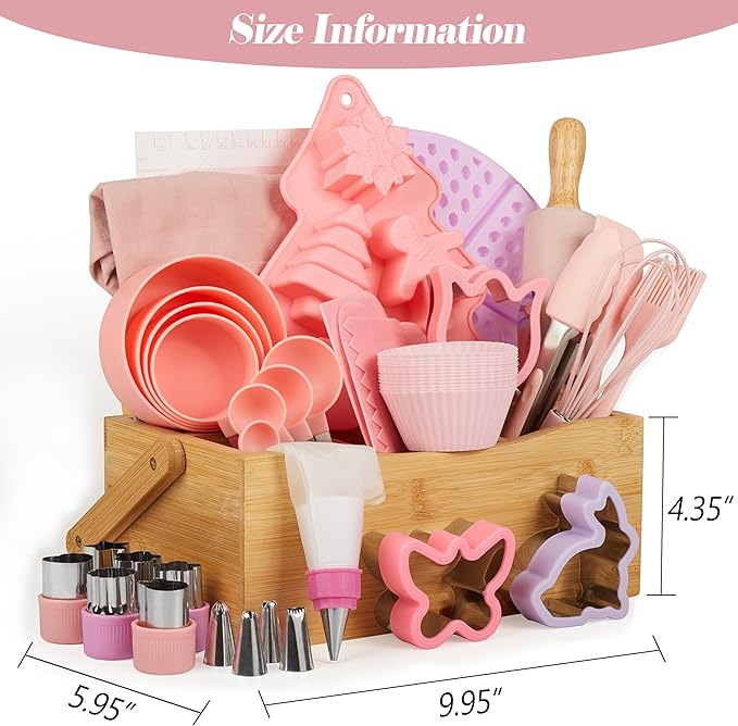 Pulcher Kids Baking Sets Real Little Chef Kitchen Cooking Set Tools Kit Supplies, with Apron Utensils Rolling Pin Silicone Mat Cookie Cutters Measuring Cups Spoons Bamboo Carrying Basket(Pink Purple)