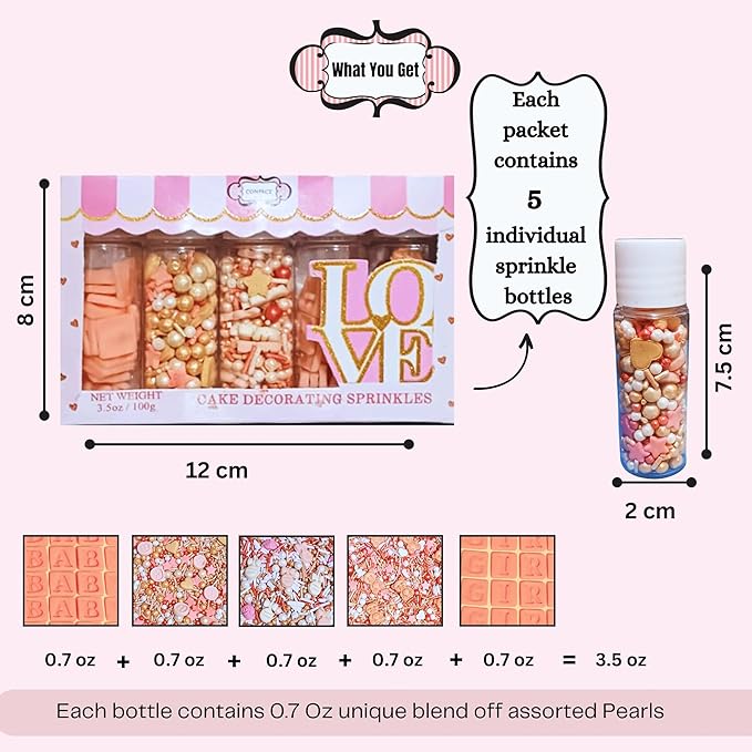Confect Girls Baby Shower Sprinkles | Gender Reveal Sprinkles | Assorted Pack of 5 Mix Rose Gold, Peach, Blush Pink & Gold Edible Sprinkle | Vegan, Gluten-Free, Nut-Free, Soy-Free, Dairy-Free, Palm Oil-Free - 5 Oz