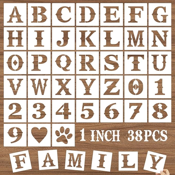 1 Inch Letter Stencils and Numbers, 38 Pcs Alphabet DIY Craft Stencils, Reusable Plastic Drawing Templates for Painting on Wood, Wall, Fabric, Rock, Floor, Signage, Door Porch