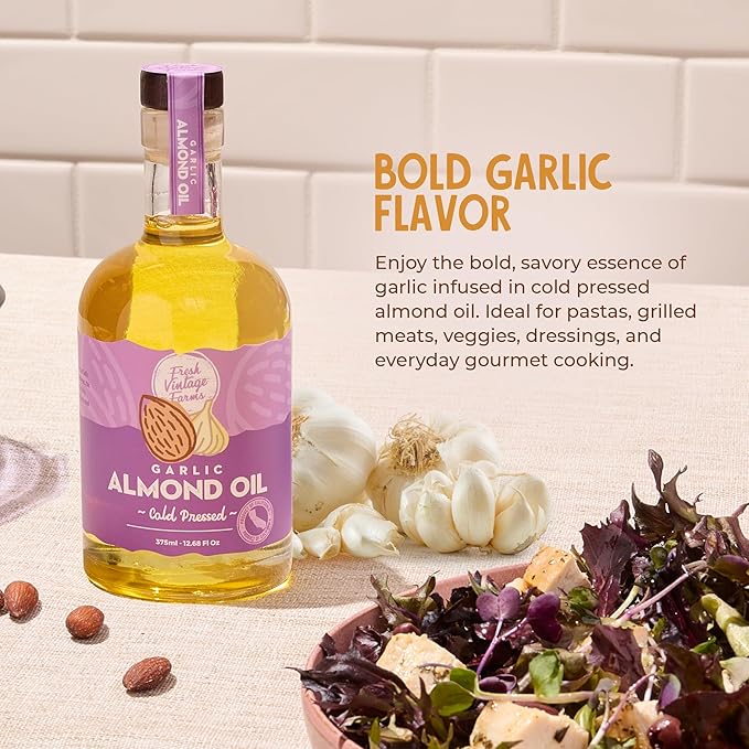 Fresh Vintage Farms Nut Bundle 100% Cold Pressed Walnut & Garlic Almond Cooking Oils | Cold Pressed & Nutritious Healthy Oils for Cooking, Baking, Dipping, Salads, & Marinades | 375ml, Pack of 2