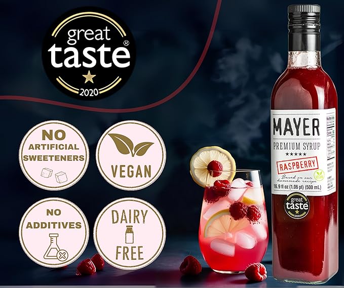Mayer Hungarian Premium Raspberry Artisanal Syrup, Award-Winning, All-Natural, Vegan, Gluten-Free, Over 50% Real Fruits, (2 x 16.9oz), Perfect Coffee Syrup & Cocktail Syrup, No Artificial Additives (2 Pack)
