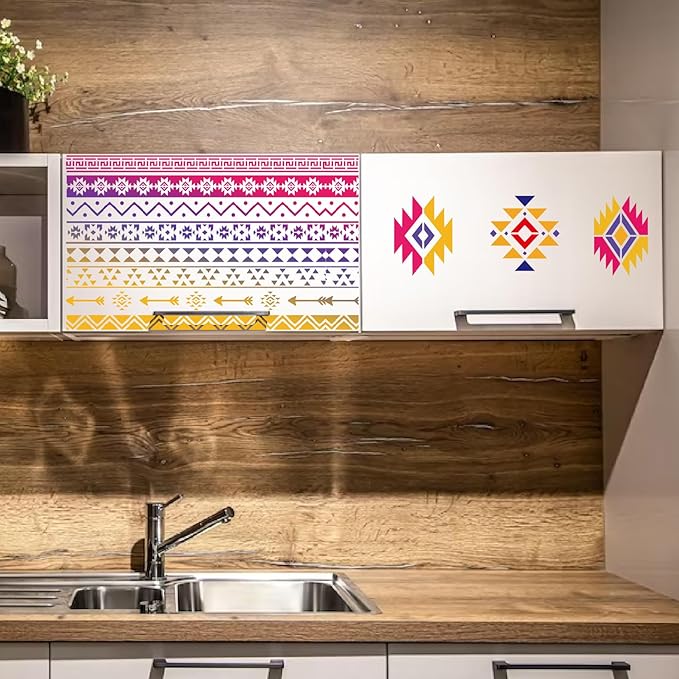 yhslmh Tribal Geometric Stencils for Painting on Wood Furniture Wall Reusable Canvas Aztec Stencil for Crafts Kids Boho Drawing Card Making Pattern Decorative (Aztec)