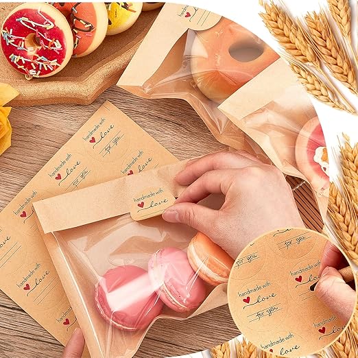 Outus 30 Pcs Cookie Packaging Bags with Seal, 7.1 x 7.5 Inch Bakery Pastry Bags with Window, Heat Sealable Grease Resistant Paper to Go Bake Sleeves for Gift Giving Donut Bread Sandwich (Brown)