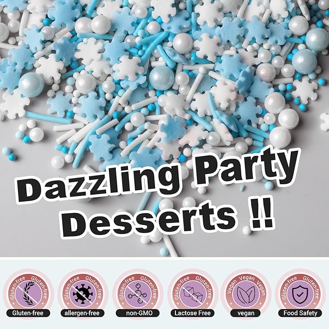 HUEBEATY 6-in-1 Edible Snowflake Sprinkles – Blue and White Winter Sprinkles for Cake Decorating, Cookies, Cupcakes & Baking | 6.36oz/180g | Frozen, Christmas, Holiday, and Winter Wonderland Decorations