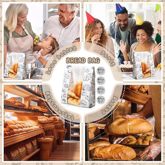 100 Packs Paper Bread Bags for Homemade Bread Sourdough 13.8 x 8.3 x 3.5 Inches Kraft Paper Bakery Bag with Window Label Seal Sticker for Baked Food Packaging Storage(White)