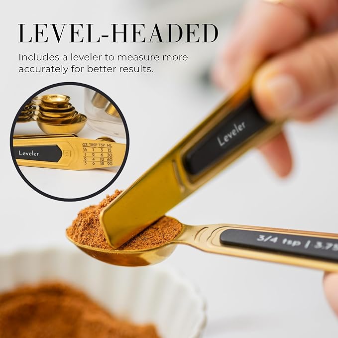 Gold Magnetic Measuring Spoons with Leveler - Featuring 8-Piece Upgraded Style, Dual-Sided, Stackable, Stainless Steel Gold Measuring Spoons Set - Fits in Spice Jars, Luxury Kitchen Accessories