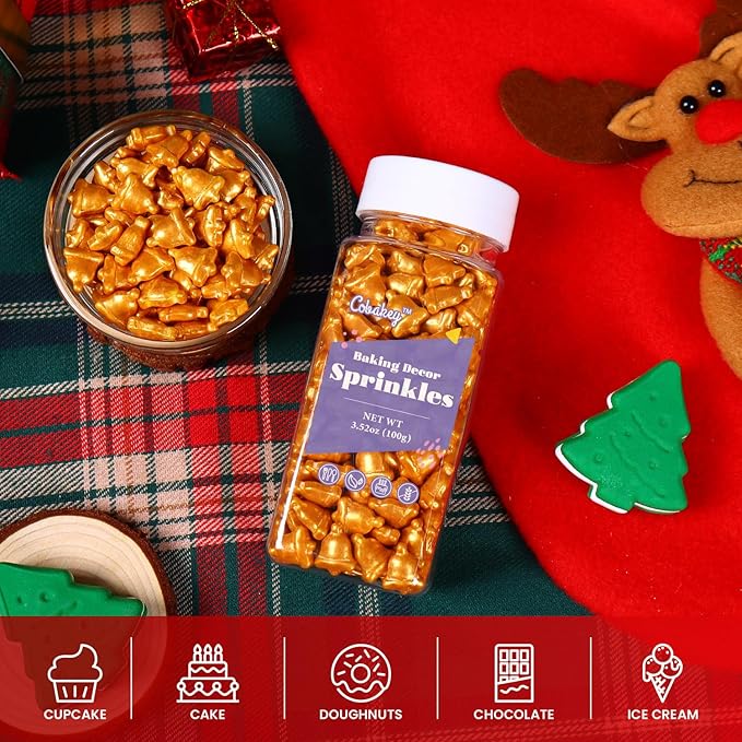Christmas Bells Sprinkles for Cake Decorating, Gold Bells Sprinkles Perfect for Cupcake Toppers Wedding Party Valentines Halloween Christmas Supplies 3.52 Ounce
