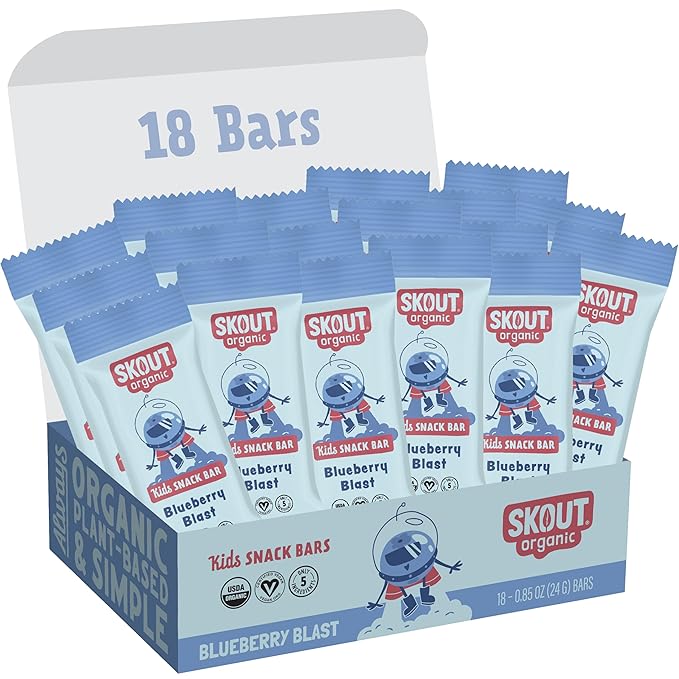 Skout Organic Blueberry Blast Real Kids Snack Bars (18 Pack) | Organic Kids Snack Bars | Plant-Based Nutrition, No Refined Sugar | Vegan | Gluten, Dairy, Grain, Peanut, Tree Nut & Soy Free