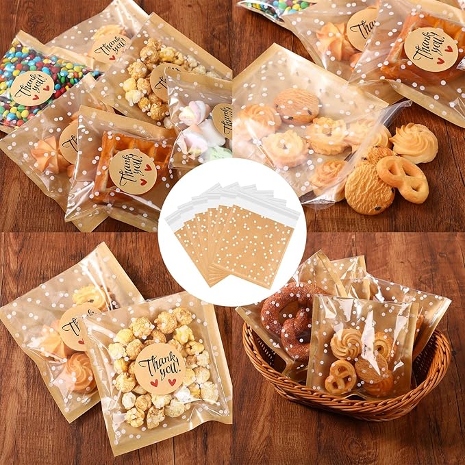 Self Adhesive Cookie Bags Cellophane Polka Dot Treat Bags Small Plastic with Thank You Stickers for Party Gift Giving Bakery Biscuit Candy Pastry(5.6 x 5.6 Inch,Small Dot,100 Pcs)