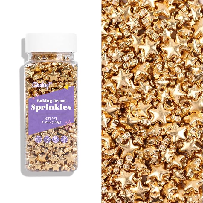 Cobakey Bright Gold Sprinkles for Cake Decorations 100g/ 3.52oz Star Metallic Pearl Sugar Sprinkles for Cupcake Toppers Wedding Party Valentines Halloween Christmas Supplies