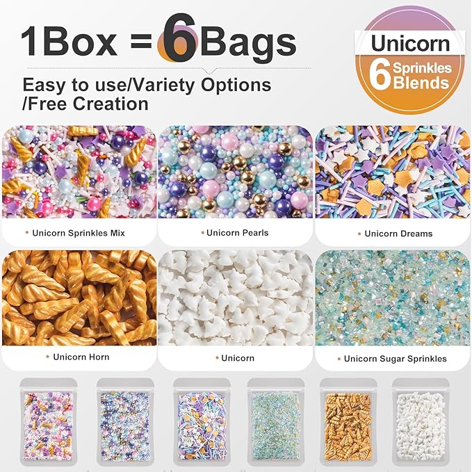 HUEBEATY 6-in-1 Unicorn Sprinkles Edible Set – 180g Unicorn Golden Horn Candy, Star Confetti & Jimmies Mix, Pearls & Sugar Crystals – Edible Unicorn Cake Decorations for Cupcakes, Cookies, Ice Cream & Birthday Desserts