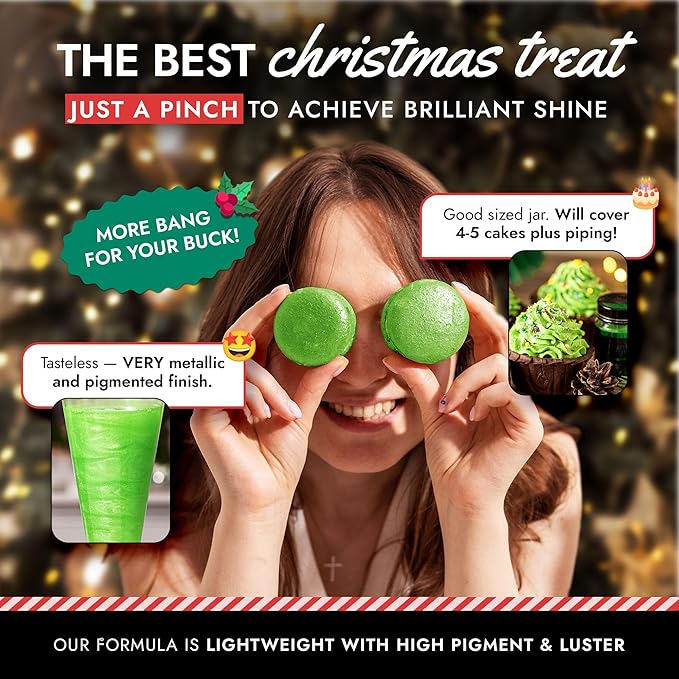 MONÉGASQUE Green Edible Glitter for Drinks 7g – Christmas Edible Glitter for Cakes & Cocktails – Green Luster Dust for Drinks – Drink & Cake Decorations Dust Spray – Cocktail & Drink Shimmer Sparkles