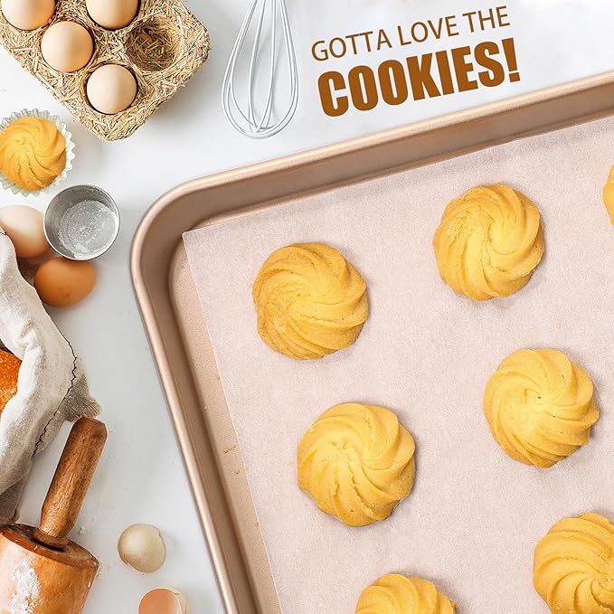 2 Pack 14 X 10 Inches Quality Baking Sheet Pan, Slick Carbon Steel Baking Sheet Set, Warp Resistant Nonstick Cookie Baker's Half Sheets for Baking, Roasting, Gold